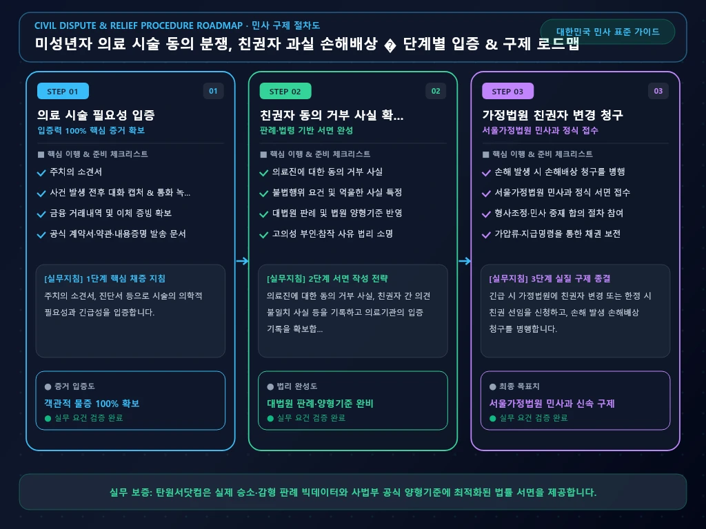 미성년자 의료 시술 동의 분쟁 해결 절차 및 입증 흐름도