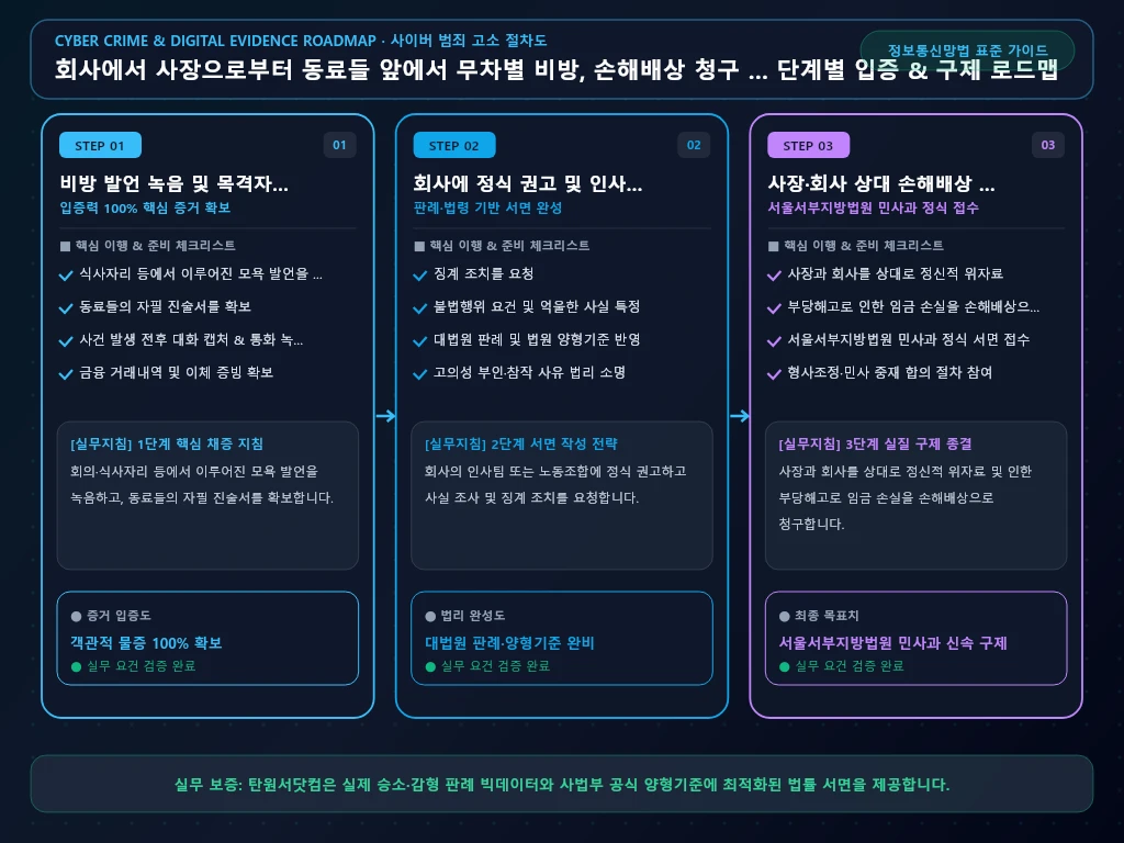 회사에서 사장으로부터 동료들 앞에서 해결 절차 및 입증 흐름도
