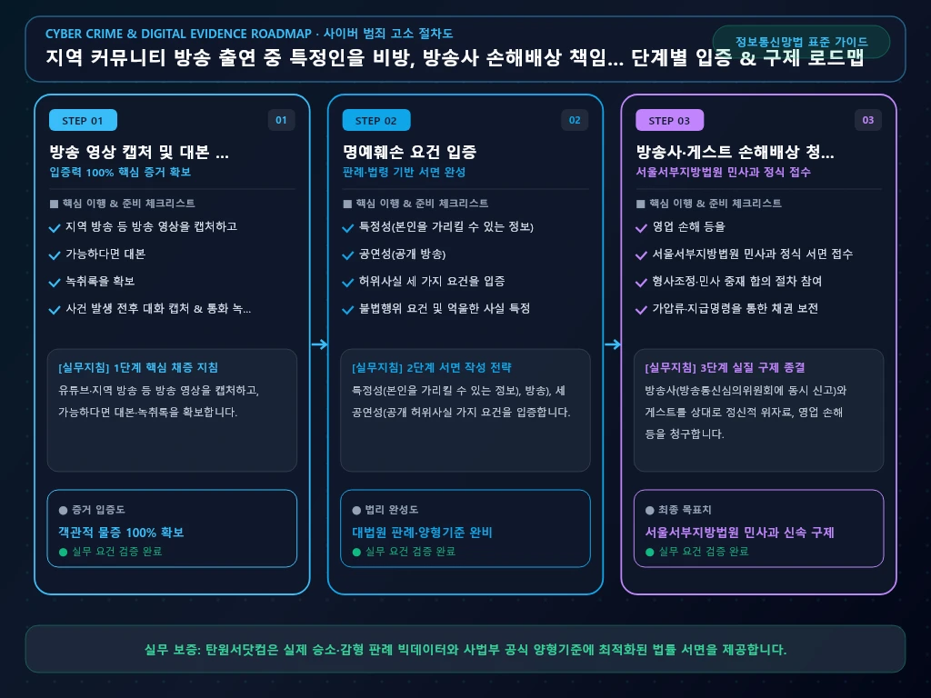 지역 커뮤니티 방송 출연 중 특정인을 해결 절차 및 입증 흐름도