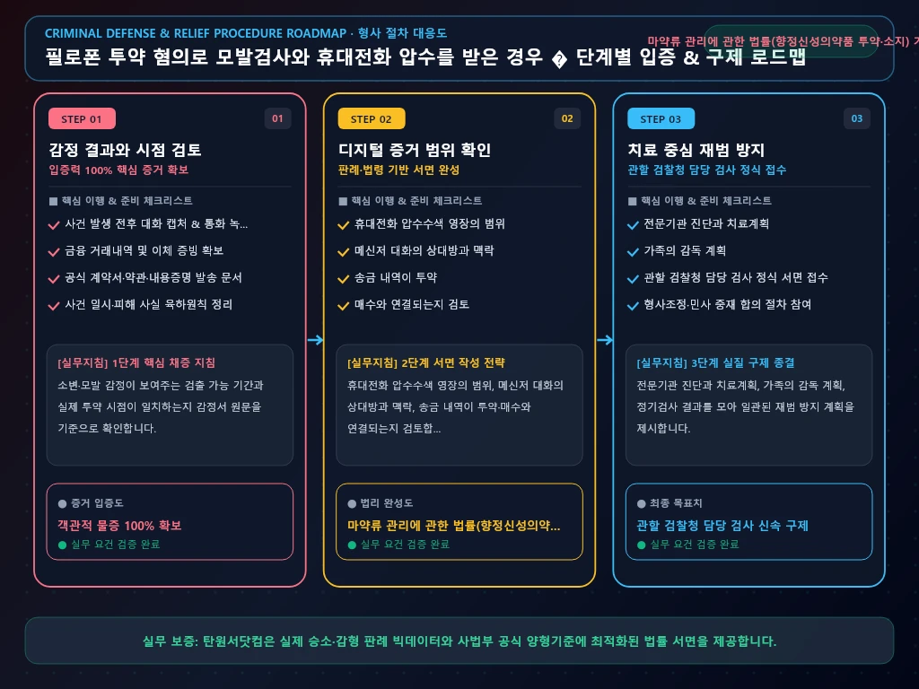 필로폰 투약 혐의로 모발검사와 휴대전화 해결 절차 및 입증 흐름도