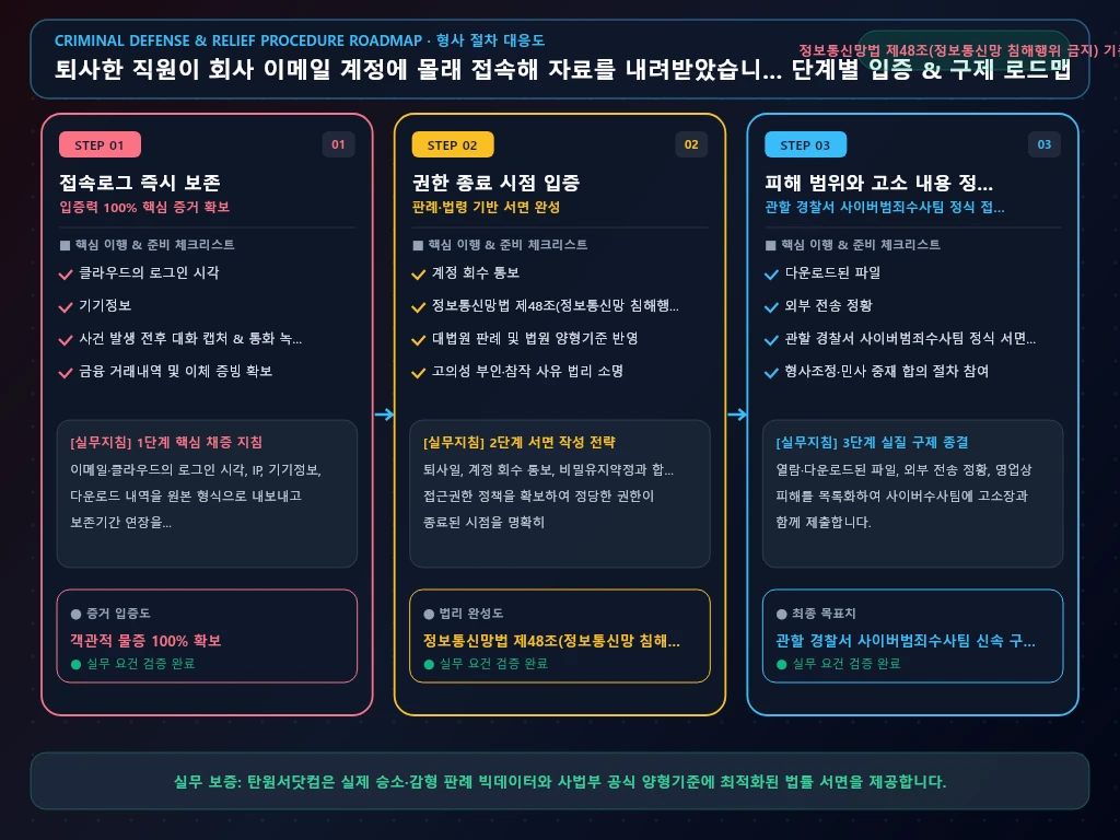 퇴사한 직원이 회사 이메일 계정에 몰래 해결 절차 및 입증 흐름도