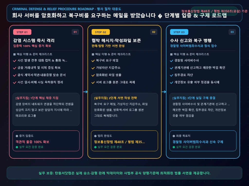 회사 서버를 암호화하고 복구비를 해결 절차 및 입증 흐름도