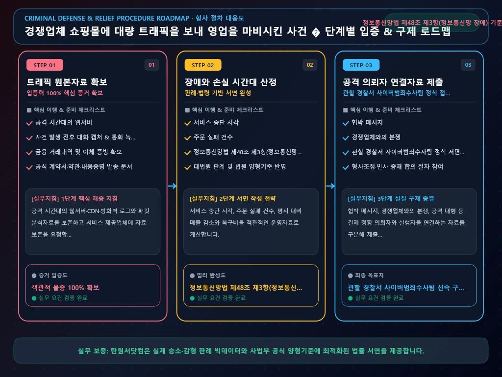 경쟁업체 쇼핑몰에 대량 트래픽을 보내 해결 절차 및 입증 흐름도