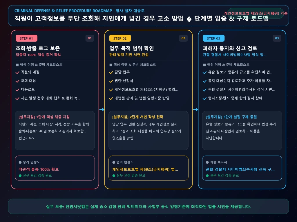 직원이 고객정보를 무단 조회해 지인에게 해결 절차 및 입증 흐름도