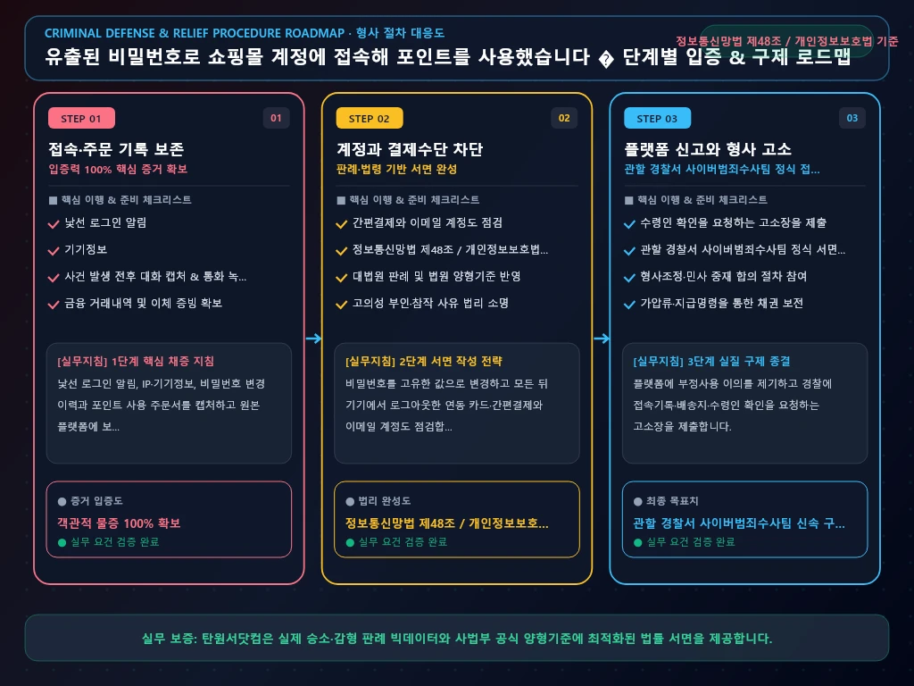 유출된 비밀번호로 쇼핑몰 계정에 접속해 해결 절차 및 입증 흐름도