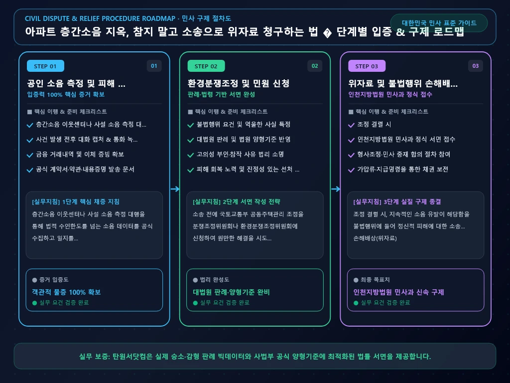 아파트 층간소음 피해 조정과 손해배상 해결 절차 및 입증 흐름도
