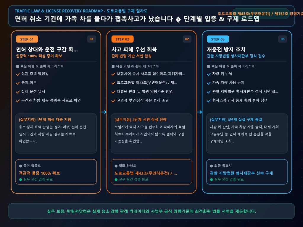 면허 취소 기간에 가족 차를 몰다가 해결 절차 및 입증 흐름도
