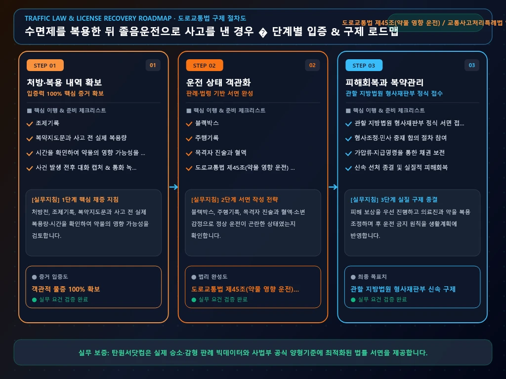 수면제를 복용한 뒤 졸음운전으로 사고를 해결 절차 및 입증 흐름도
