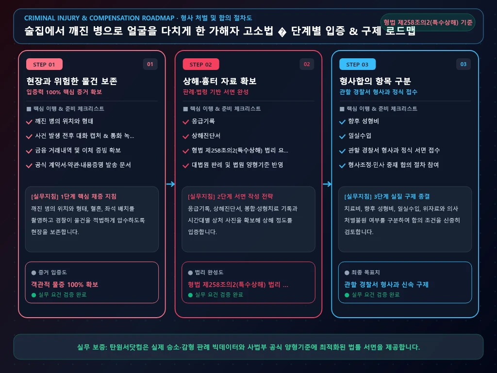 술집에서 깨진 병으로 얼굴을 다치게 한 해결 절차 및 입증 흐름도