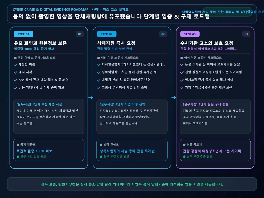 동의 없이 촬영한 영상을 단체채팅방에 해결 절차 및 입증 흐름도