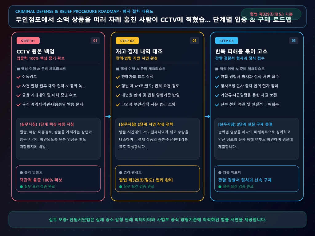 무인점포에서 소액 상품을 여러 차례 해결 절차 및 입증 흐름도