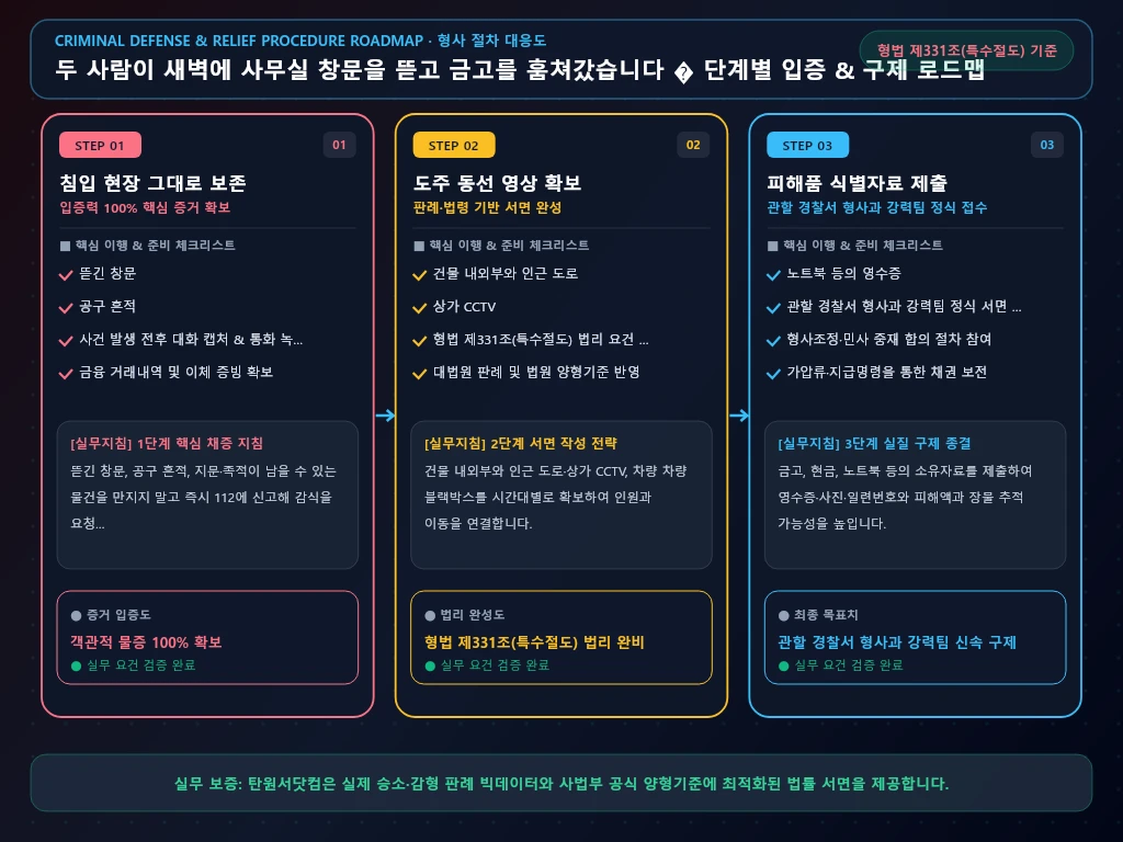 두 사람이 새벽에 사무실 창문을 뜯고 해결 절차 및 입증 흐름도