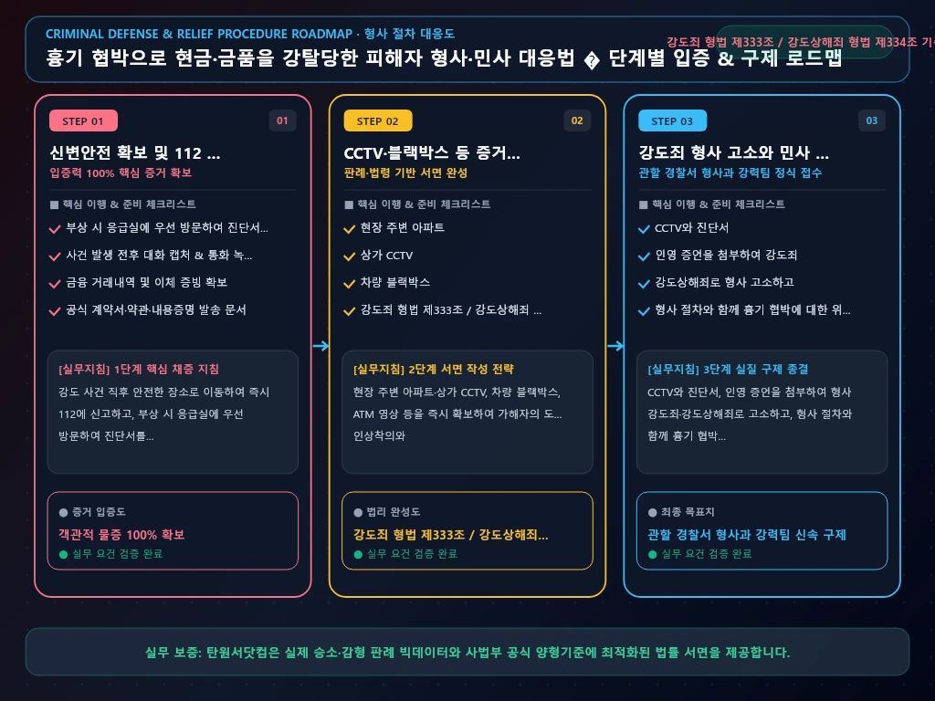 흉기 협박으로 현금 해결 절차 및 입증 흐름도