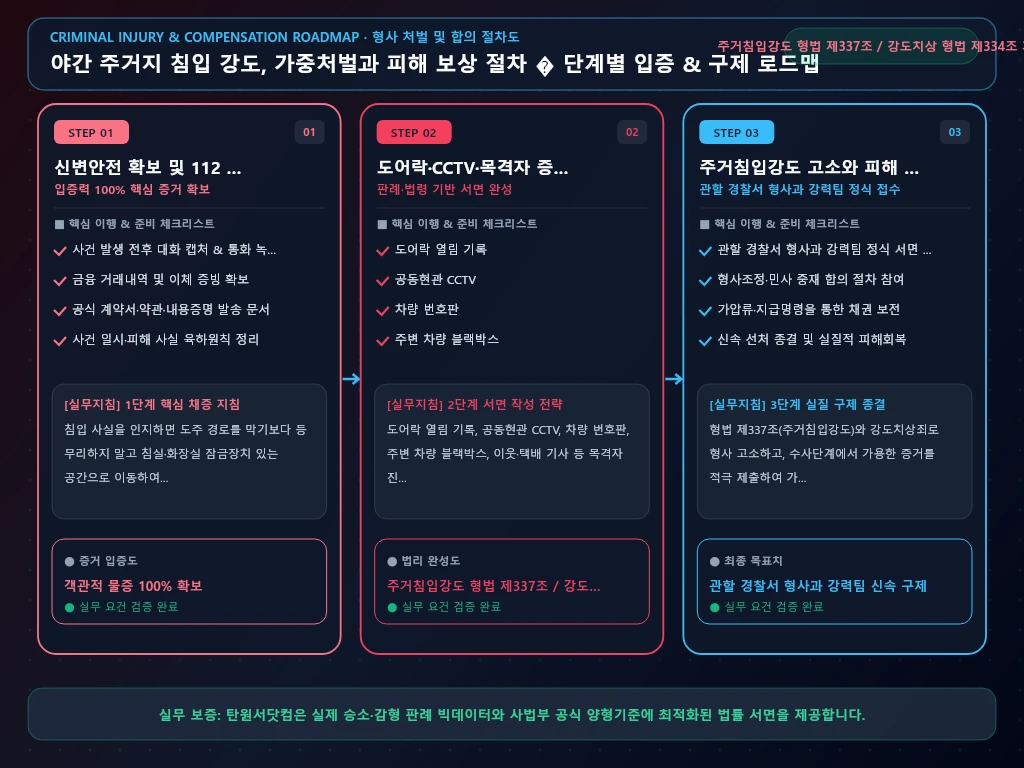 야간 주거지 침입 강도 해결 절차 및 입증 흐름도