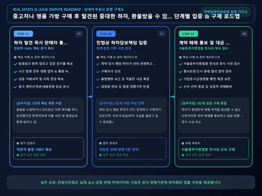중고차나 명품 가방 구매 후 발견된 해결 절차 및 입증 흐름도