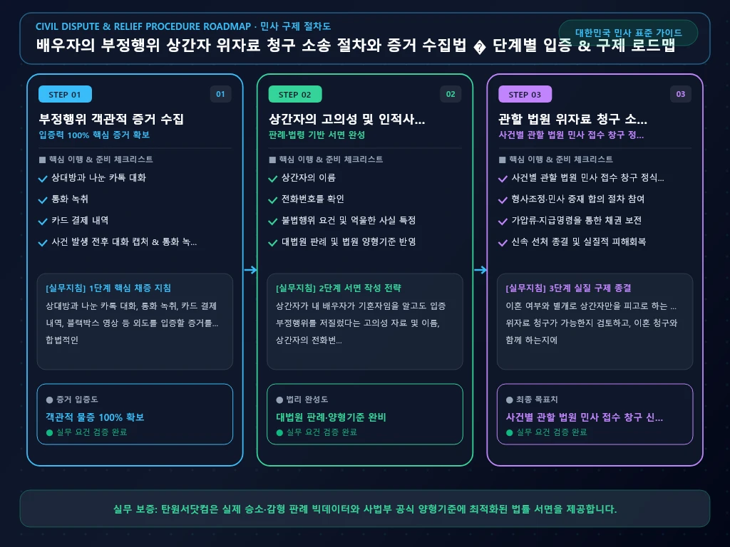 배우자의 부정행위 상간자 위자료 청구 해결 절차 및 입증 흐름도
