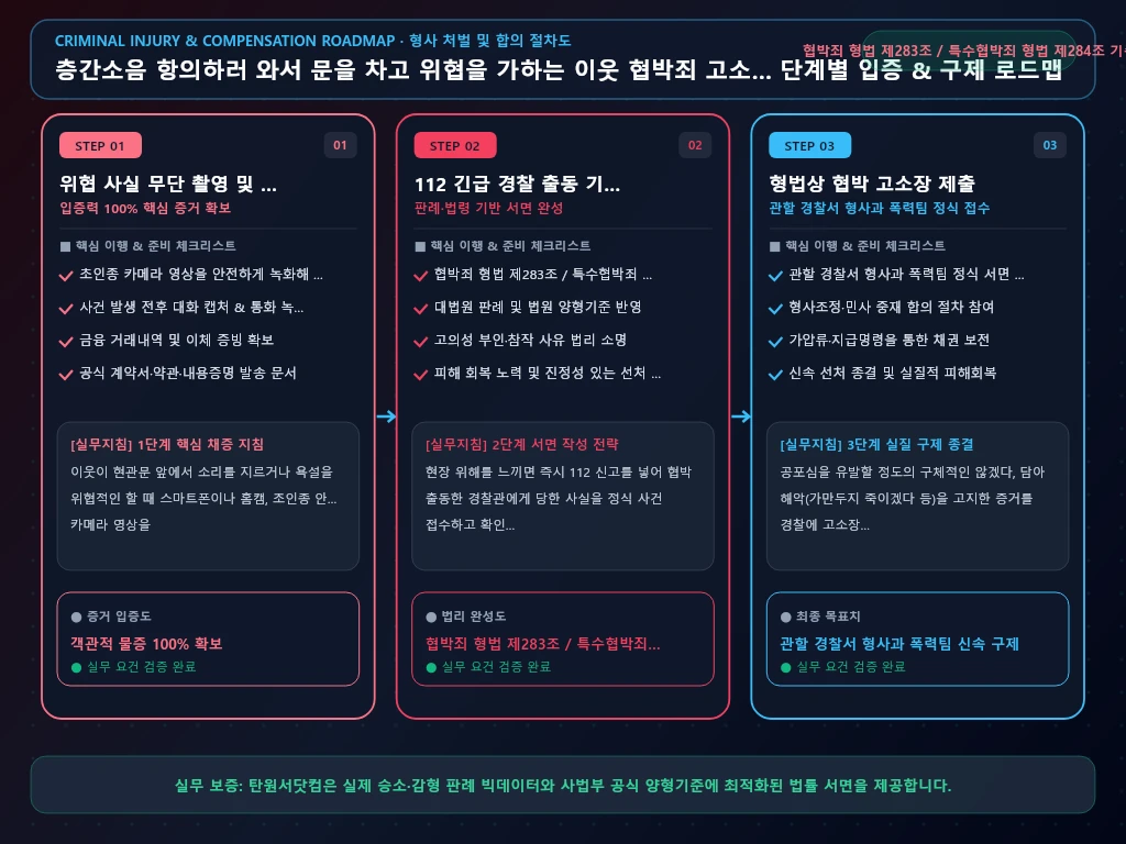층간소음 항의하러 와서 문을 차고 해결 절차 및 입증 흐름도