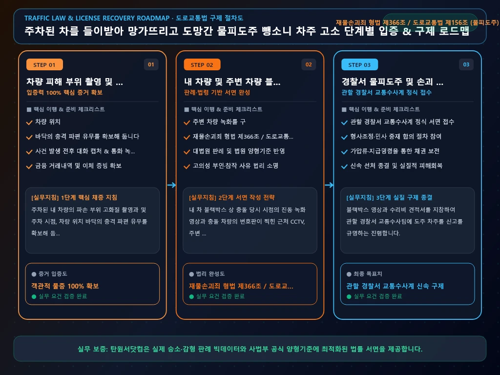 주차된 차를 들이받아 망가뜨리고 도망간 해결 절차 및 입증 흐름도