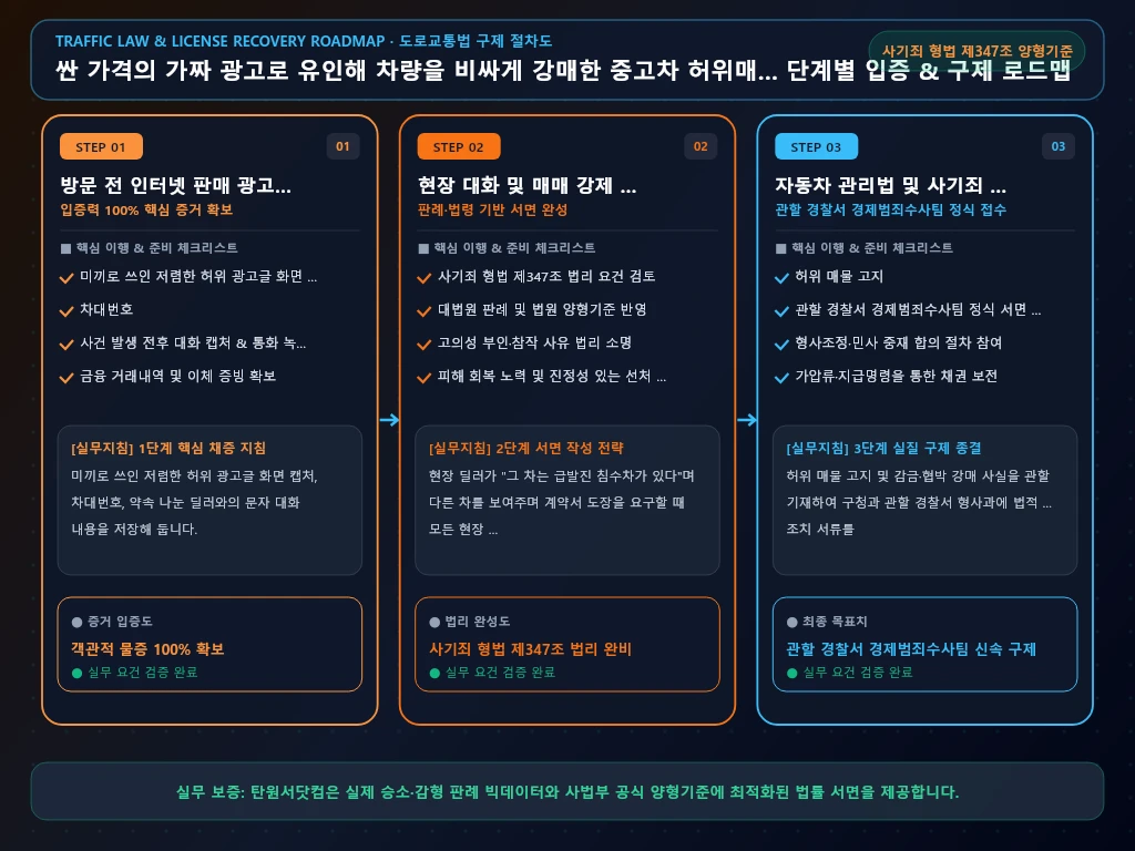 싼 가격의 가짜 광고로 유인해 차량을 해결 절차 및 입증 흐름도
