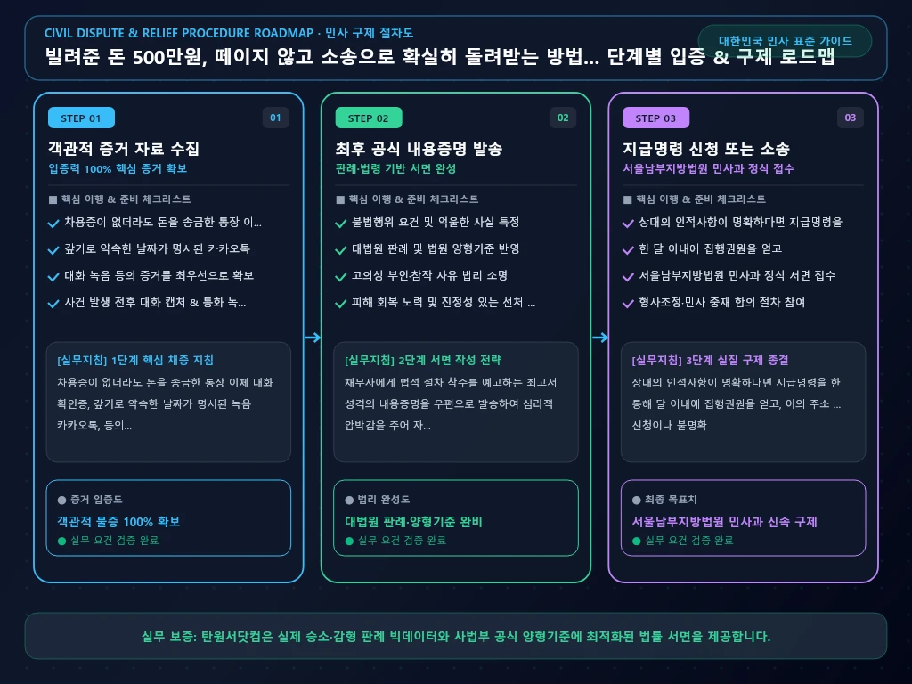 빌려준 돈 500만원 해결 절차 및 입증 흐름도