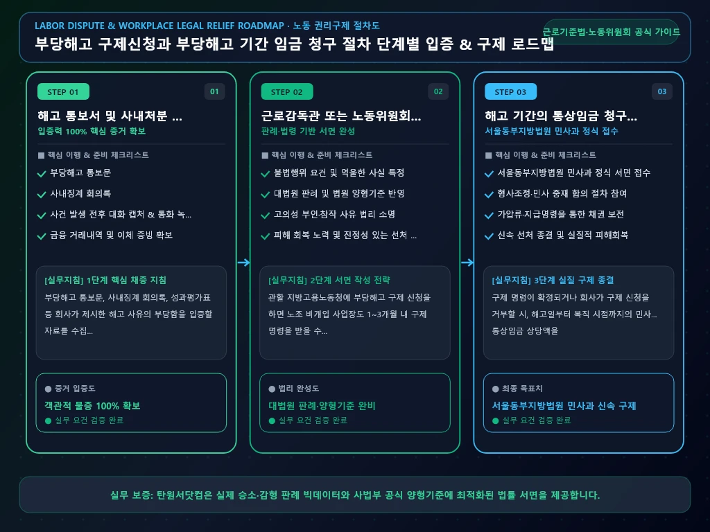 부당해고 구제신청과 부당해고 기간 임금 해결 절차 및 입증 흐름도