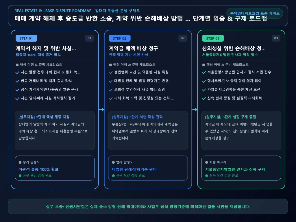 매매 계약 해제 후 중도금 반환 소송 해결 절차 및 입증 흐름도