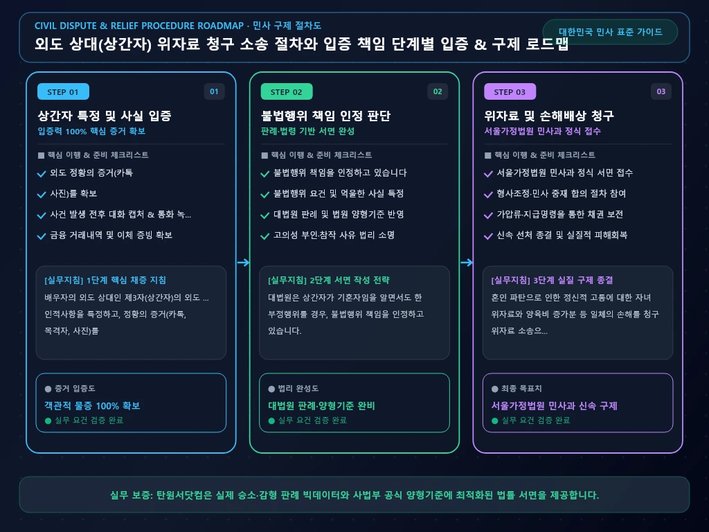 외도 상대(상간자) 위자료 청구 소송 해결 절차 및 입증 흐름도
