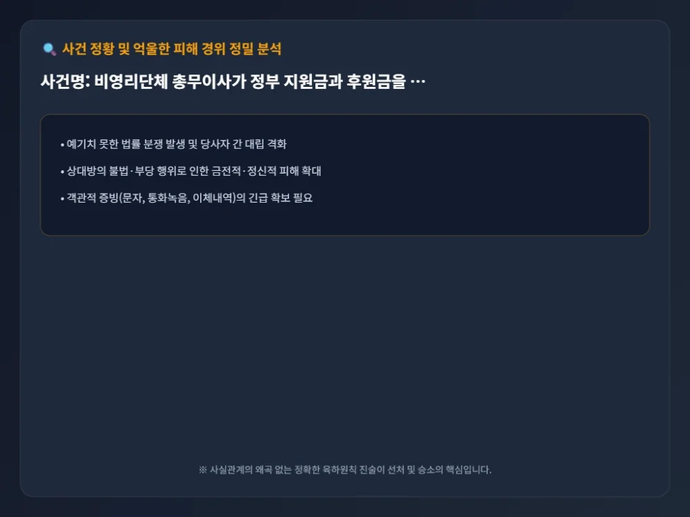 비영리단체 총무이사가 정부 지원금과 사건 정황 시각화 타임라인