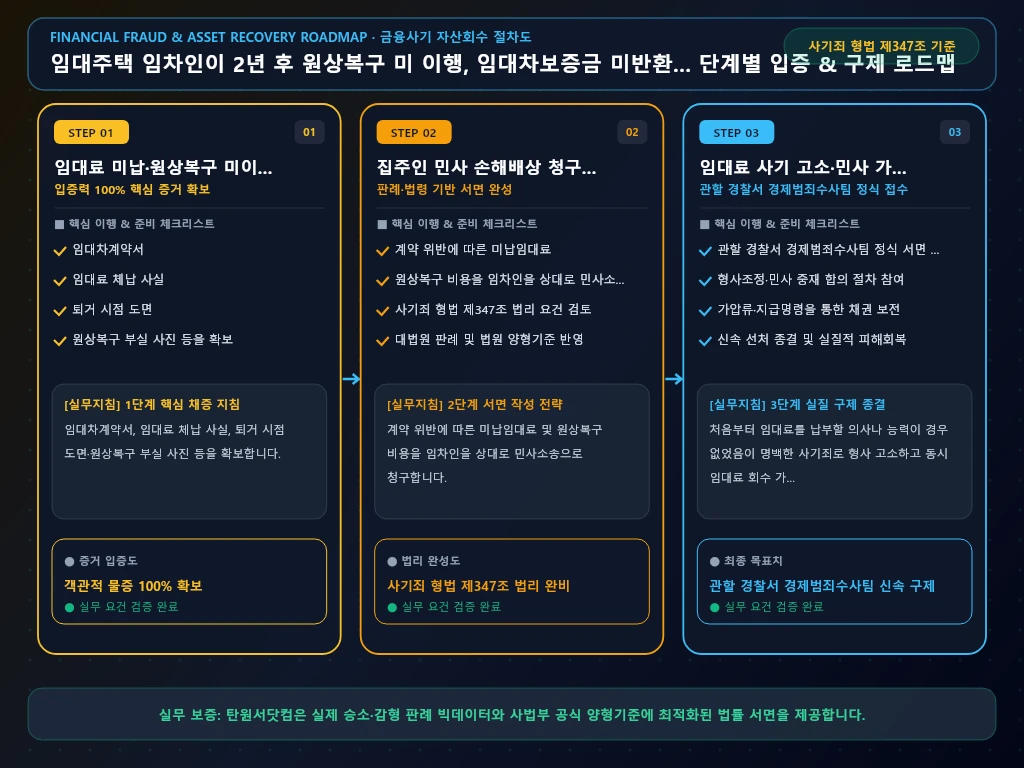 임대주택 임차인이 2년 후 원상복구 미 해결 절차 및 입증 흐름도