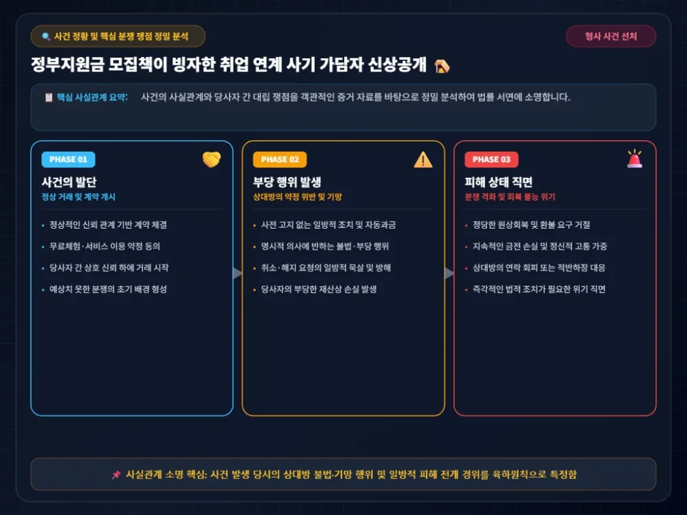 정부지원금 모집책이 빙자한 취업 연계 사건 정황 시각화 타임라인