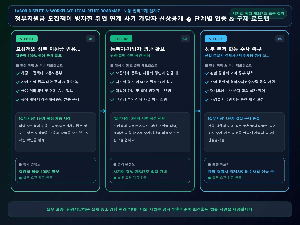 정부지원금 모집책이 빙자한 취업 연계 해결 절차 및 입증 흐름도