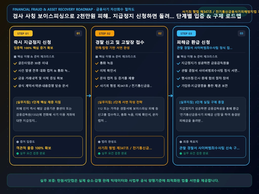 검사 사칭 보이스피싱으로 2천만원 피해 해결 절차 및 입증 흐름도
