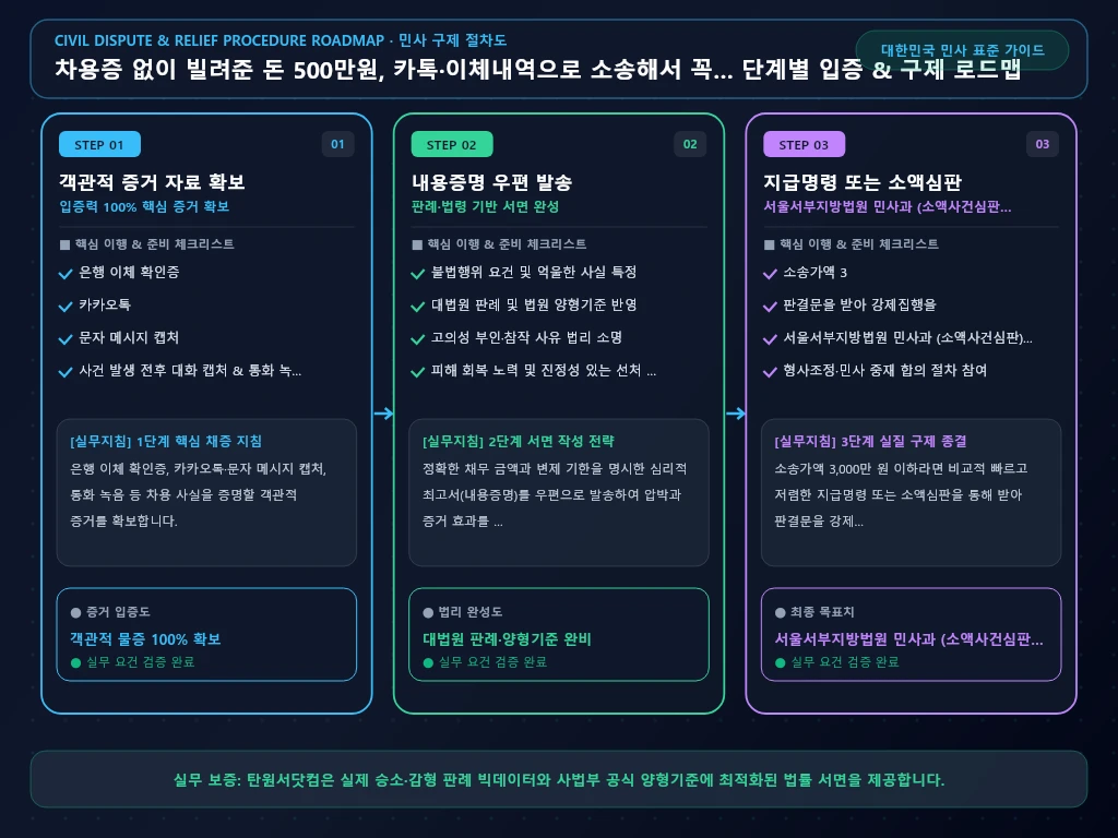 차용증 없이 빌려준 돈 500만원 해결 절차 및 입증 흐름도