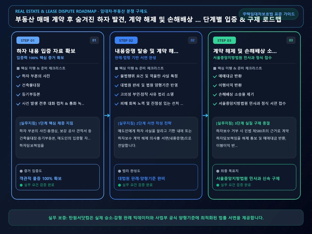 부동산 매매 계약 후 숨겨진 하자 발견 해결 절차 및 입증 흐름도