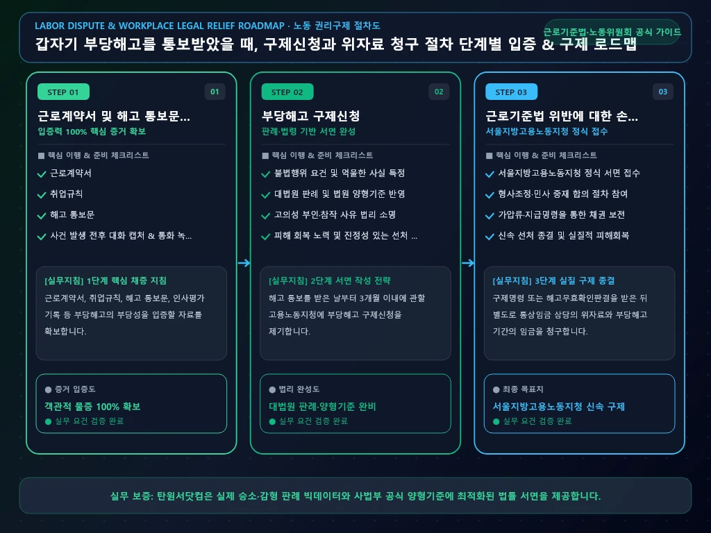갑자기 부당해고를 통보받았을 때 해결 절차 및 입증 흐름도