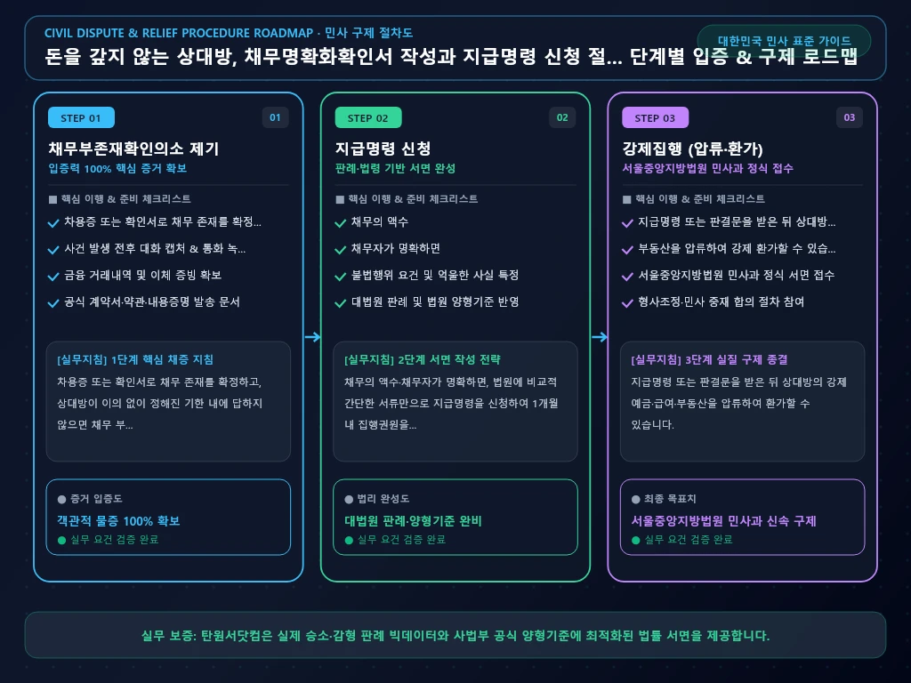 돈을 갚지 않는 상대방 해결 절차 및 입증 흐름도