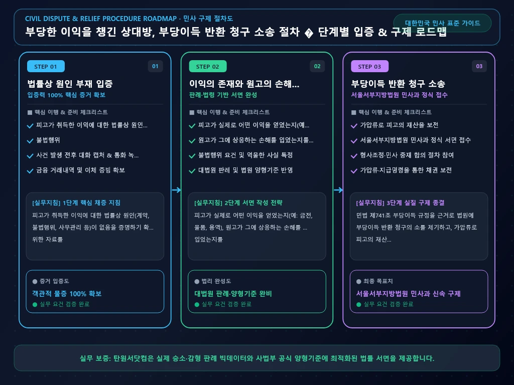 부당한 이익을 챙긴 상대방 해결 절차 및 입증 흐름도