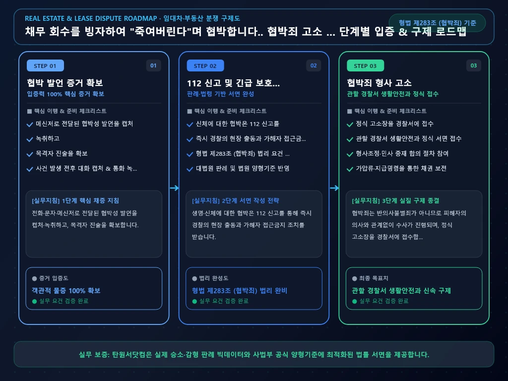 채무 회수를 빙자하여 "죽여버린다"며 해결 절차 및 입증 흐름도