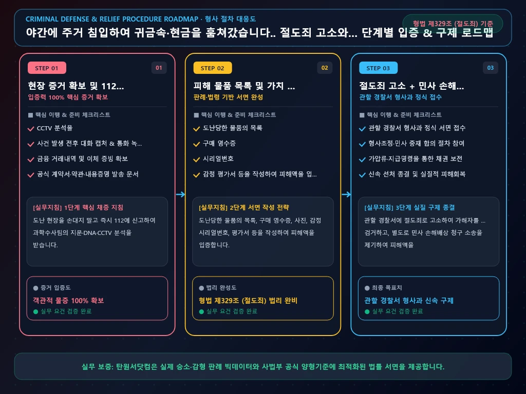 야간에 주거 침입하여 귀금속 해결 절차 및 입증 흐름도