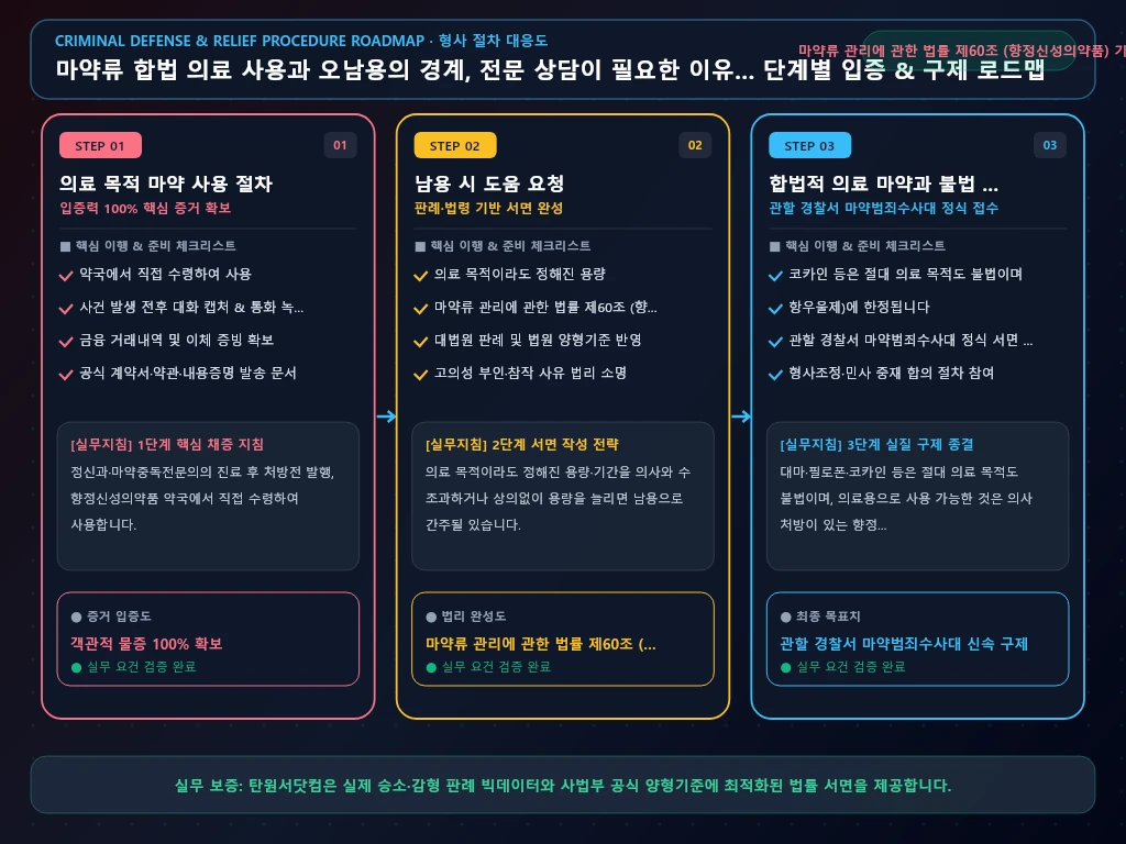 마약류 합법 의료 사용과 오남용의 경계 해결 절차 및 입증 흐름도