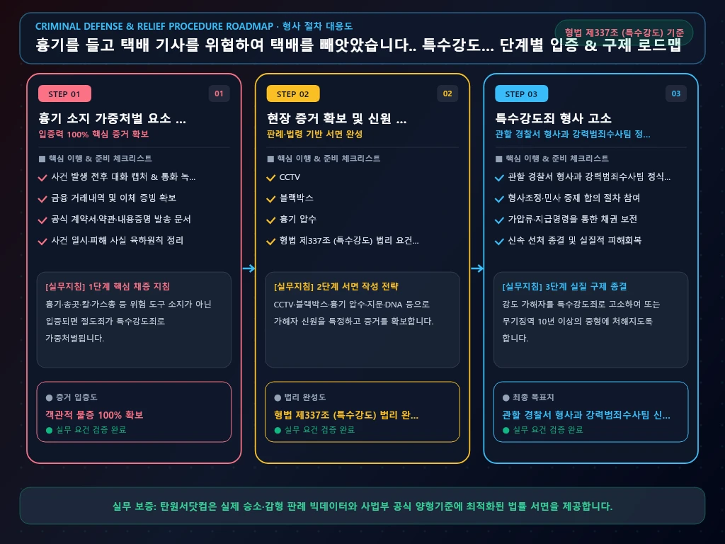 흉기를 들고 택배 기사를 위협하여 해결 절차 및 입증 흐름도