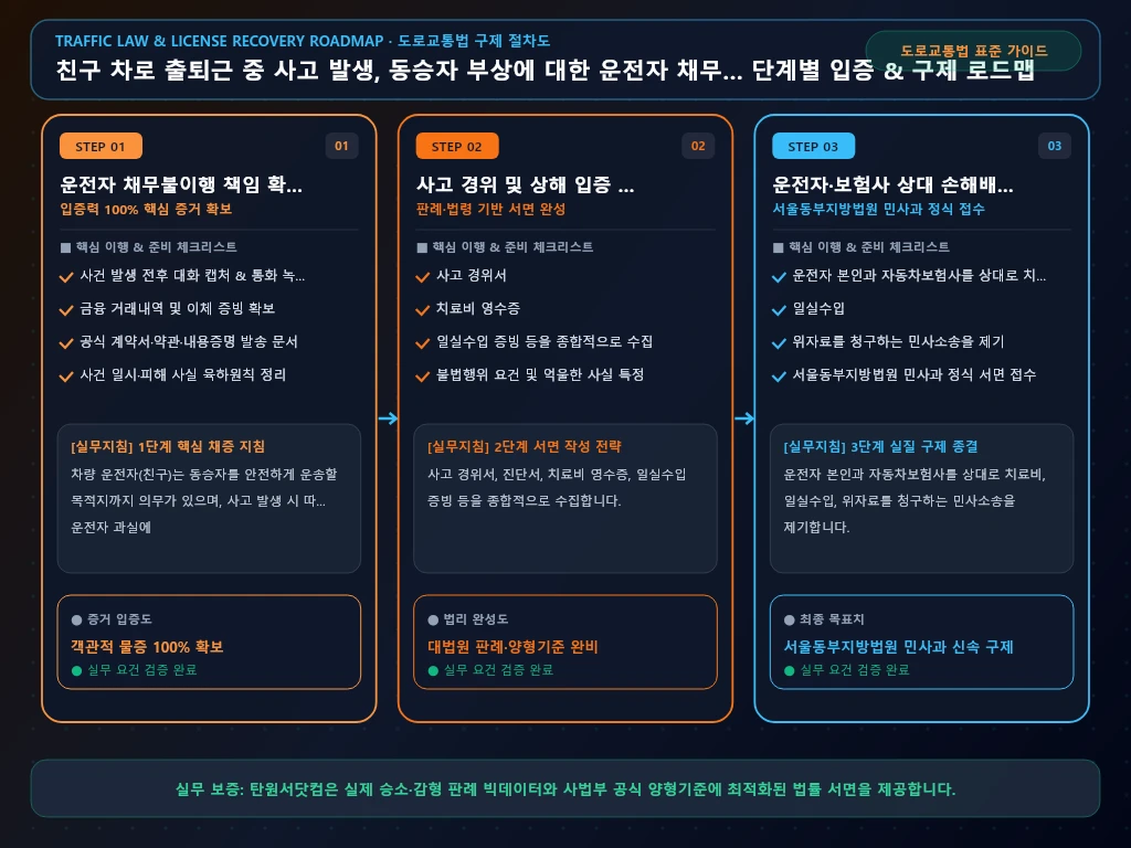 친구 차로 출퇴근 중 사고 발생 해결 절차 및 입증 흐름도