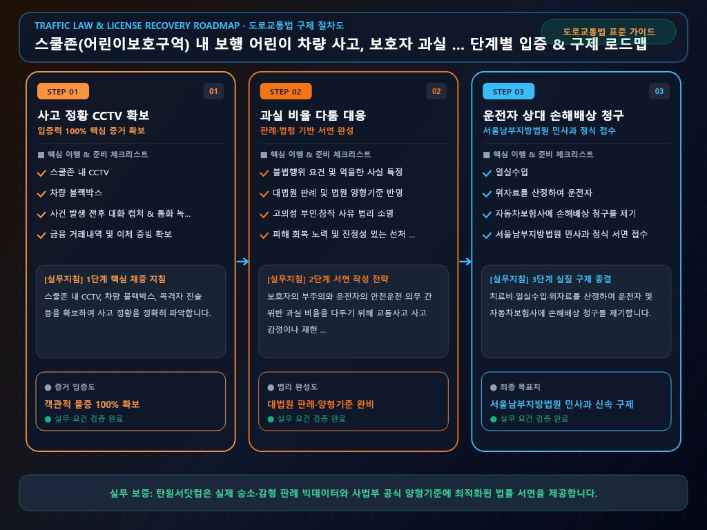 스쿨존(어린이보호구역) 내 보행 어린이 해결 절차 및 입증 흐름도