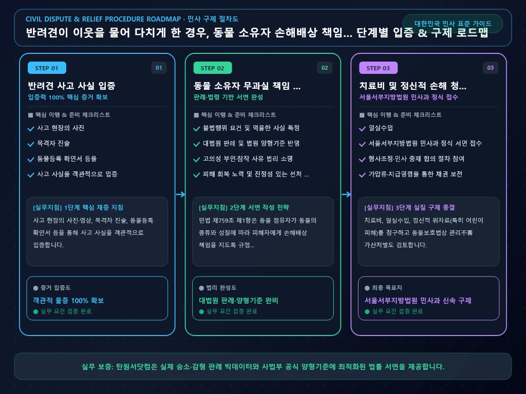 반려견이 이웃을 물어 다치게 한 경우 해결 절차 및 입증 흐름도