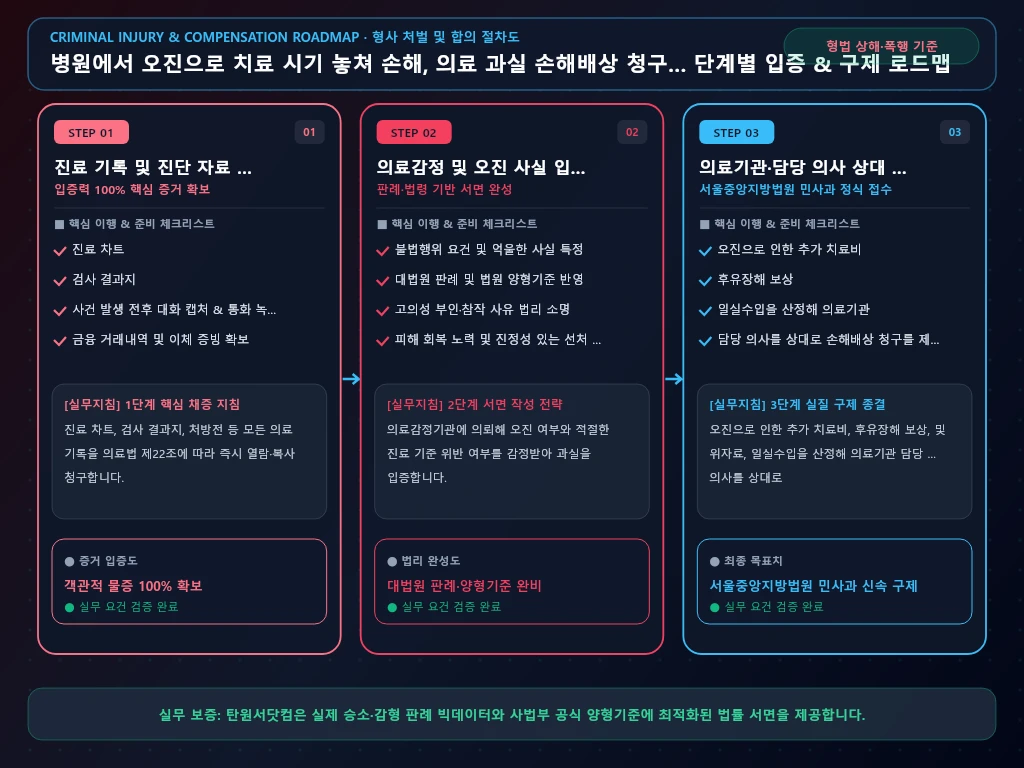 병원에서 오진으로 치료 시기 놓쳐 손해 해결 절차 및 입증 흐름도