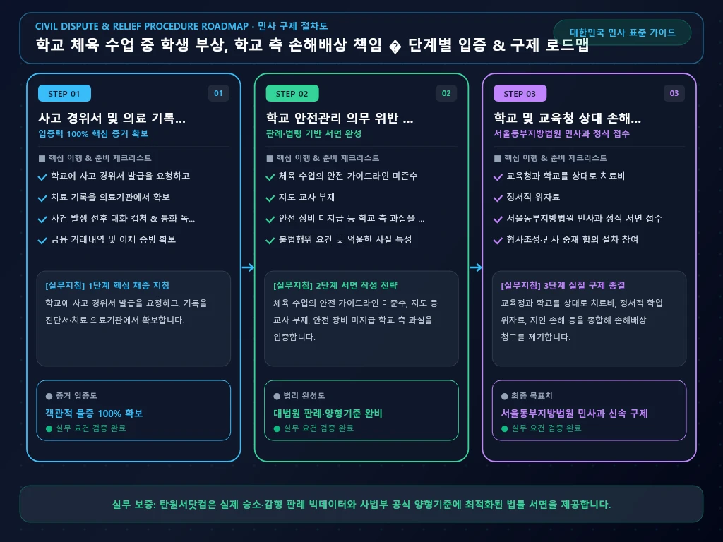학교 체육 수업 중 학생 부상 해결 절차 및 입증 흐름도