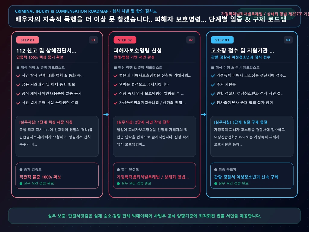 배우자의 지속적 폭행을 더 이상 못 해결 절차 및 입증 흐름도